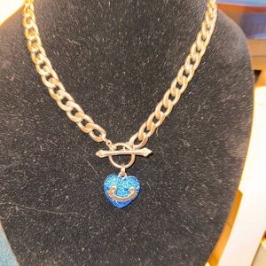 Blue Heart Rhinestone Pendant Silver Toggle Chain Necklace